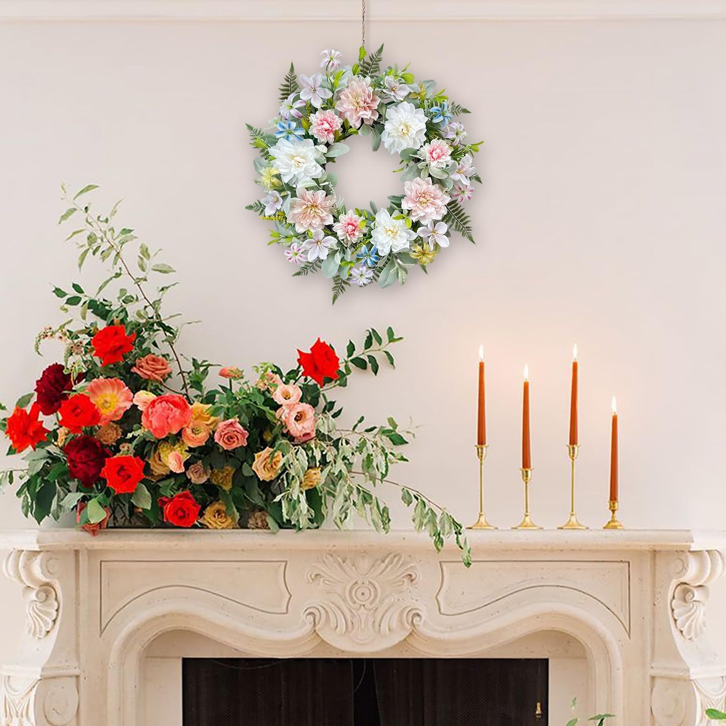 wwmira 22 Inch Artificial Dahlia Wreaths for Front Door, Spring Summer Wreath with Eucalyptus, Fern & Lamb's Ear Leaves, Farmhouse Floral Wreath for Home Porch Window Wall, All Season Decor