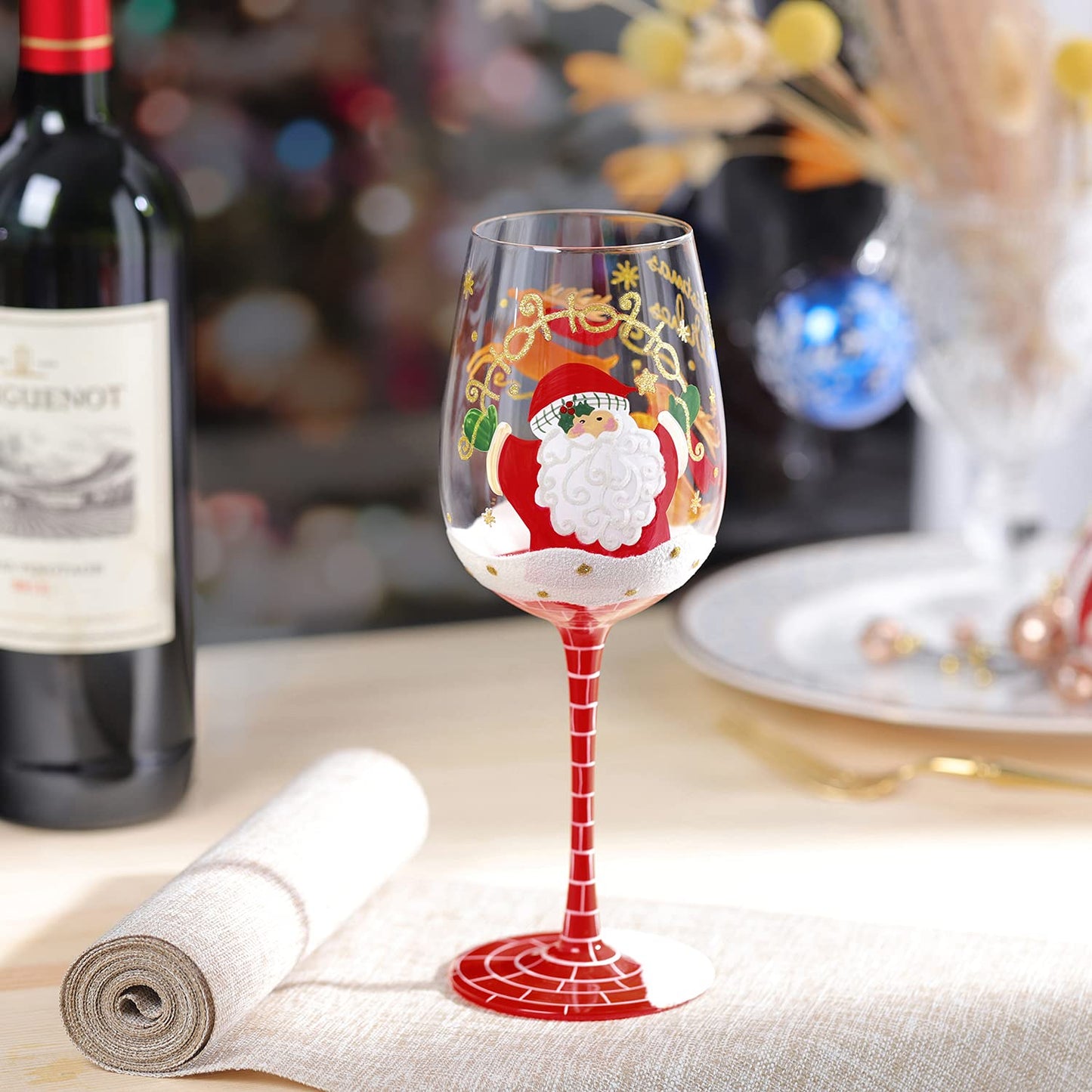 NymphFable Hand Painted Wine Glass 15oz Santa Claus Christmas Elk Deer Snowflake Xmas Christmas Gift for Family Friend（1 piece）