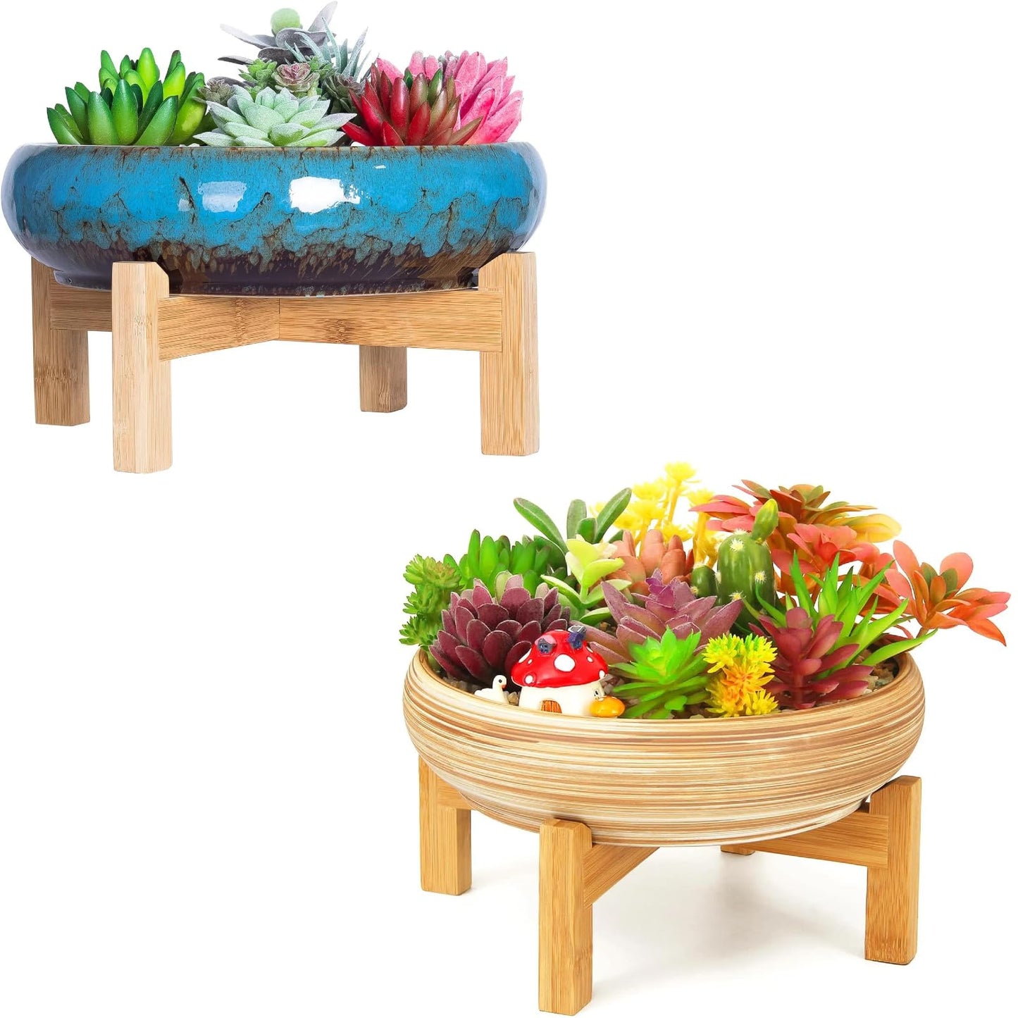 ARTKETTY Succulent Pots - 10 Inch Large Bonsai Pots with Drainage Stand Set of 2, Ceramic Plant Pots Shallow Succulent Planters for Indoor Plants Decorative Cactus Flower Planter Bowl
