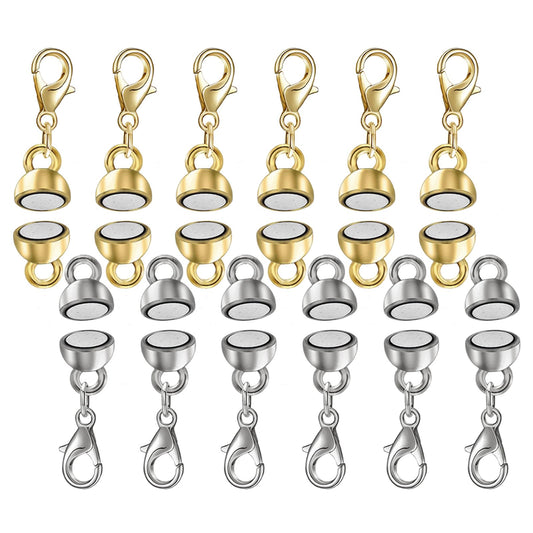 MKCYD Magnetic Necklace Clasp with Lobster Clasp,14K Gold and Silver Magnetic Jewelry Clasps for Necklace Extender Bracelet Closures (12Pcs Ruond Gold & Silver)