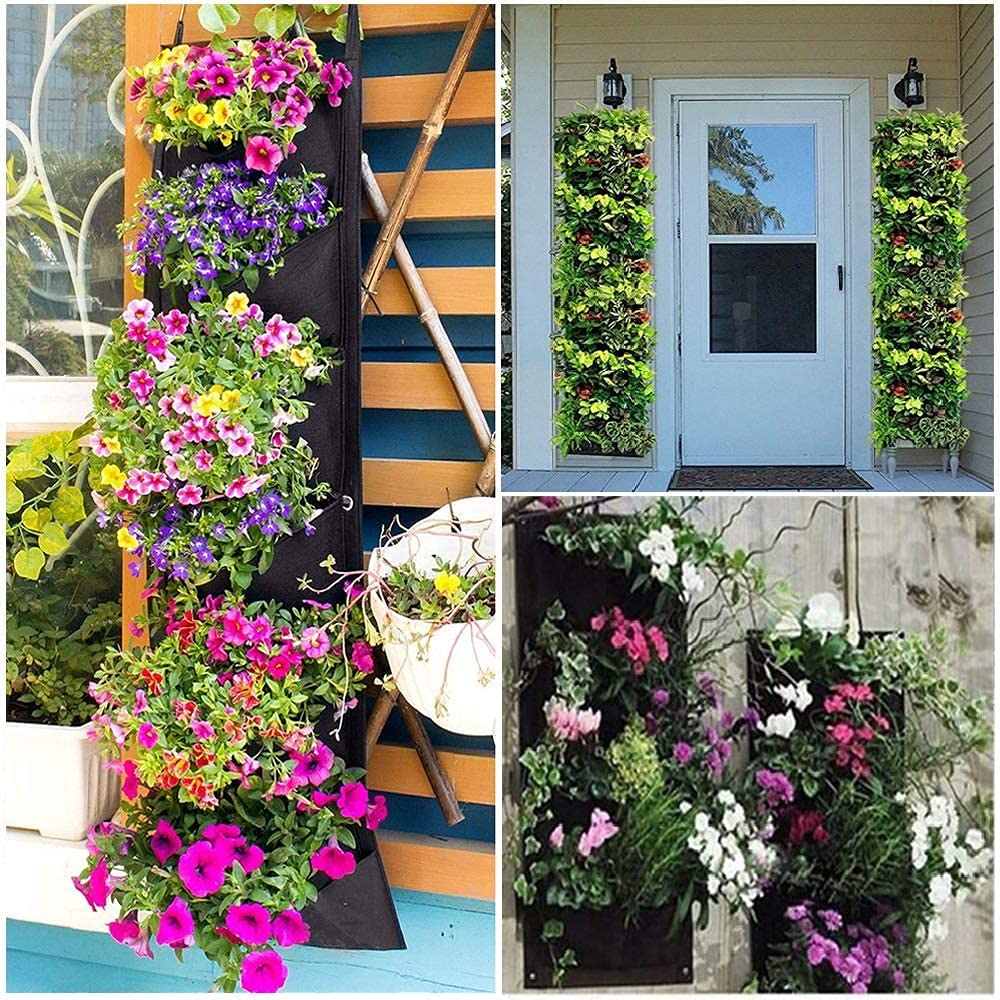 LITLANDSTAR Hanging Planter Bags, 2 Pack 7 Pocket Hanging Vertical Wall Planter Planting Grow Bags Outdoor Indoor Gardening Vertical Greening Flower Container (Black)