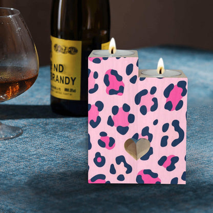 pnyoin Animal Skin Pink Black Candle Holders Gift for Women Wooden Heart Candlestick Personalized Christmas Birthday Graduation Friendship Gifts Home Wedding Dinning Party Decorative