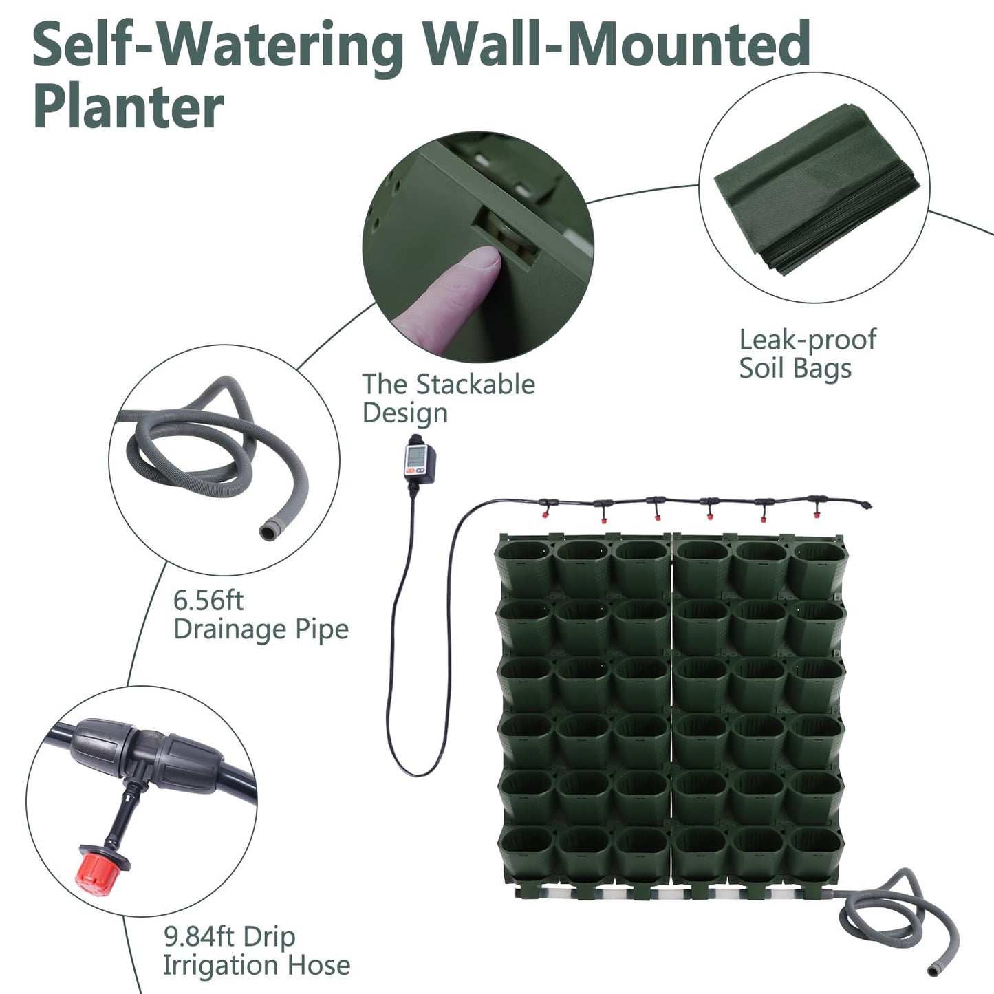 ZeStarDair Self-Watering Wall-Mounted Planter Vertical Wall Planter with 36 Pots Wall Mounted Plastic Plant Grow Pots Vertical Living Green WallGarden Growing System for Home (Dark Green)