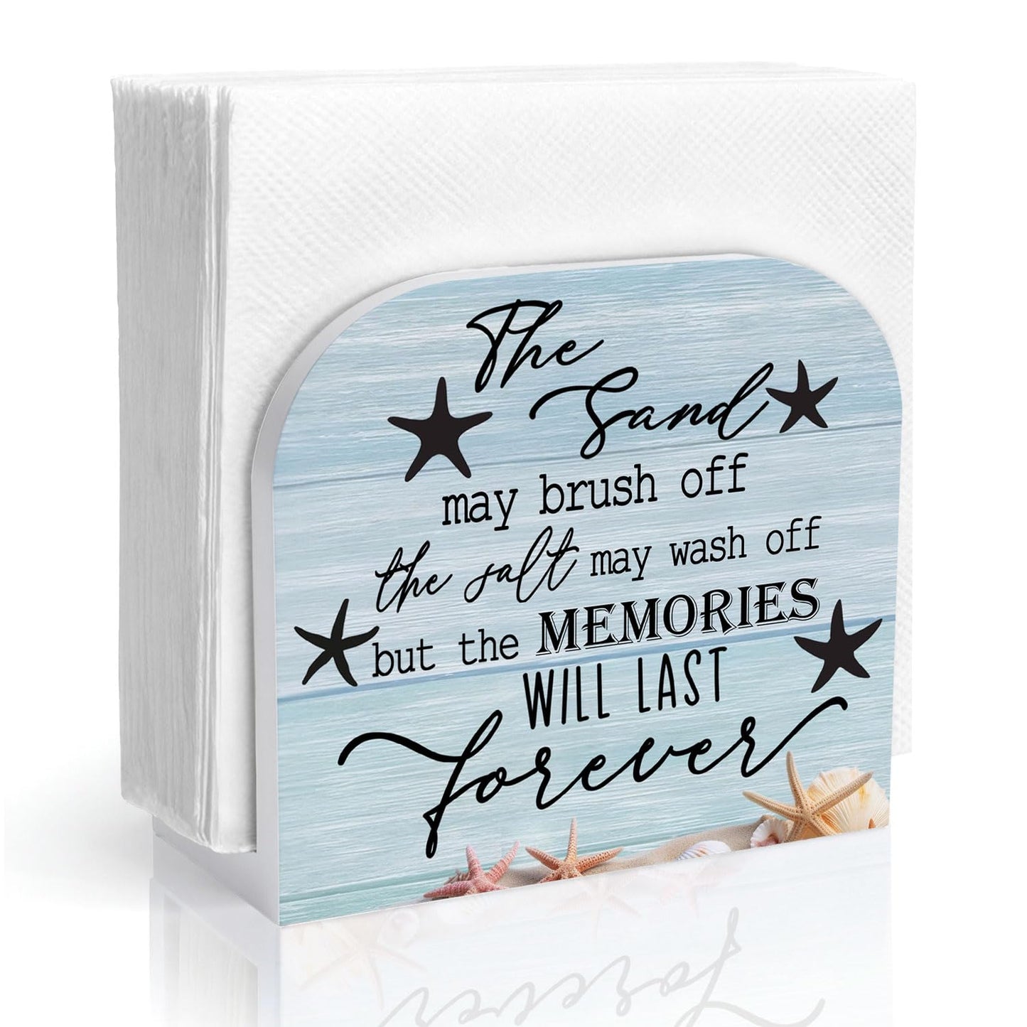 YRDBGHZDF Blue Coastal Beach Wood Napkin Holder, Rustic Starfish Seashell Wooden Standing Napkin Dispenser for Beach House Table Kitchen Dining Room Party Cafe Bar Decorations