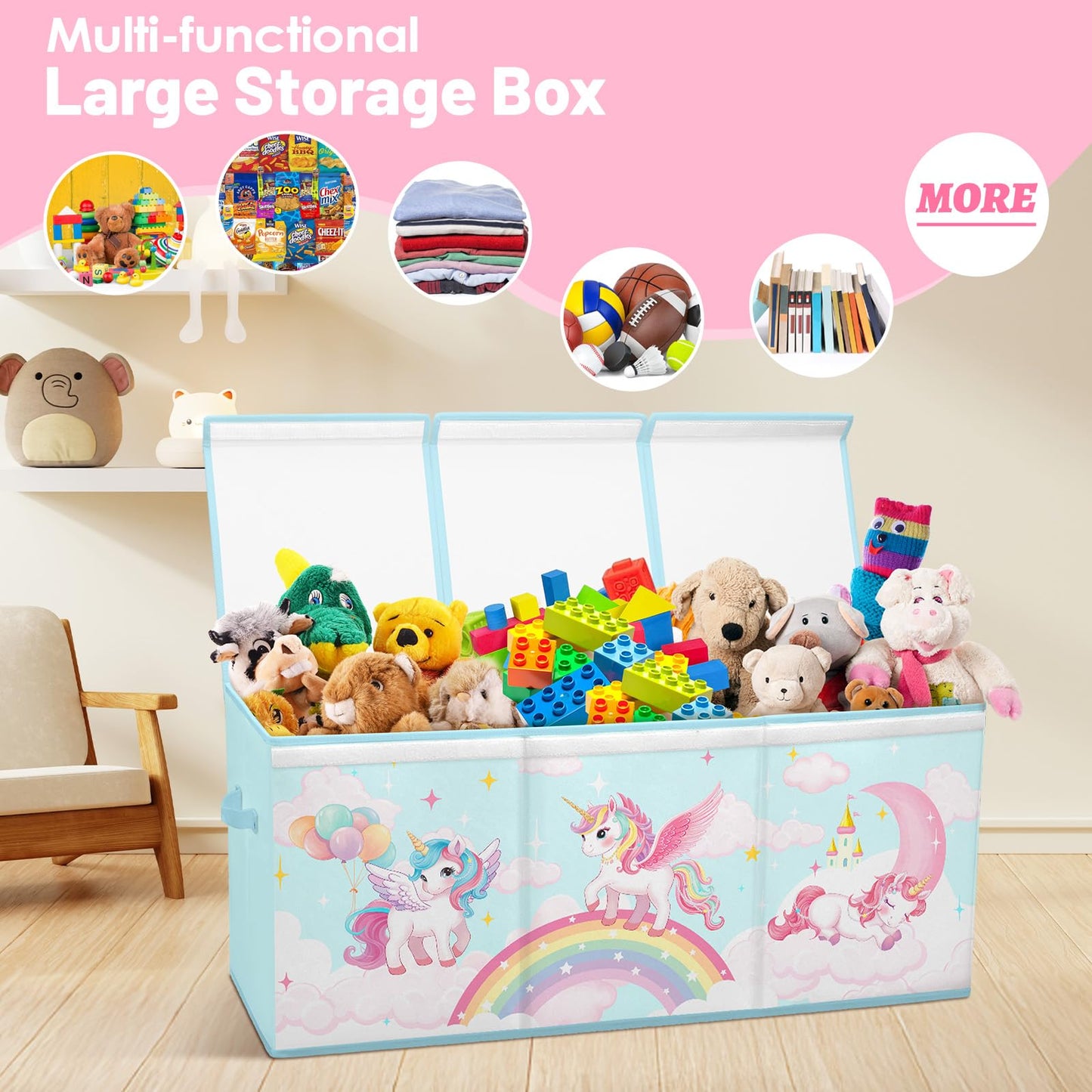 Toy Storage Bin with Lids,Extra Large Toy Box Chest with Handles for Kids Boys Girls,Collapsible Storage Organizer Box Bin Basket for Bedroom,Playroom, Nursery,37.8"x12.6" x15.7",Rainbow Unicorn