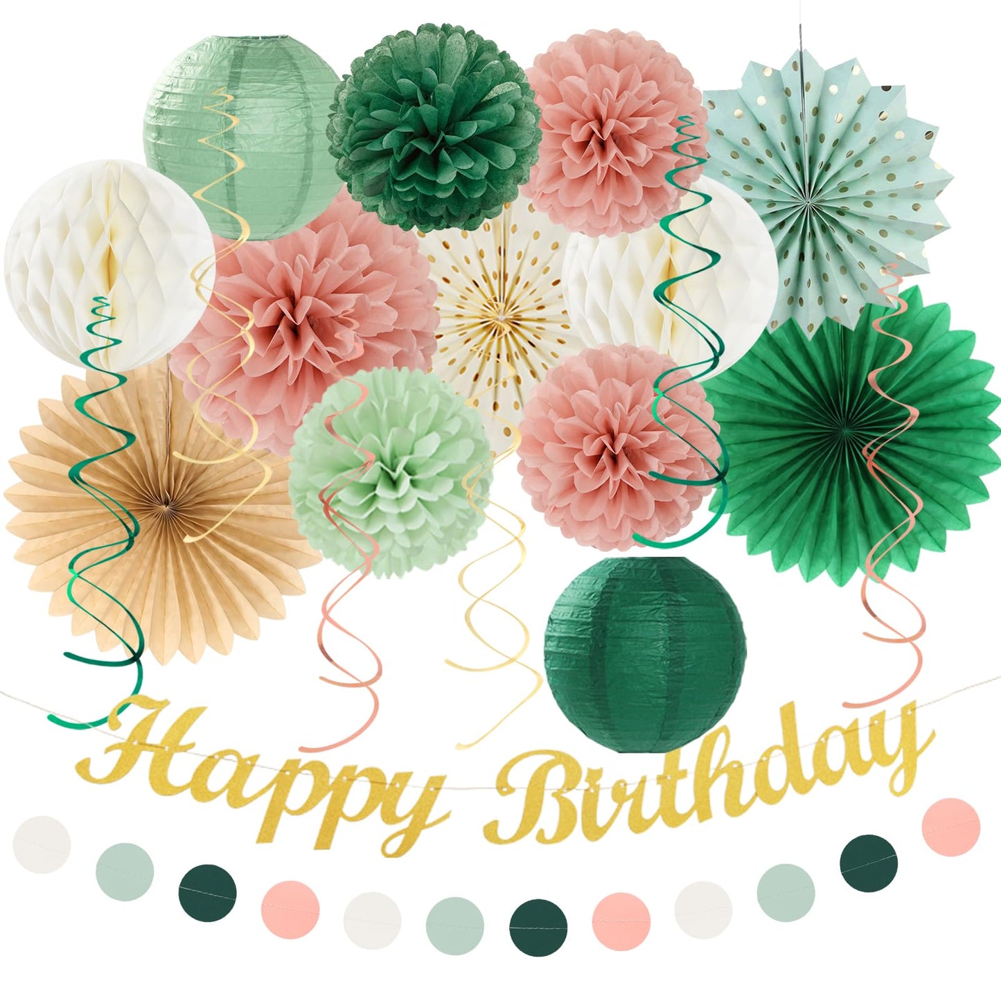 Sage-Green Pink-Gold Boho-Rustic Birthday Party-Decorations - 21pcs Happy Banner,Olive Retro Beige Paper Lanterns Pom Poms,Neutral Streamers Garland,Women Girls Decor Supplies Huglony