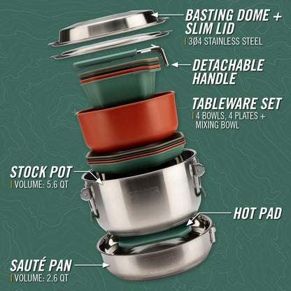 Gerber Gear ComplEAT Cook Set - Dishwasher-Safe Camping Cookware for Outdoor Cooking - Includes Saute Pan, Stock Pot, 4 Plates, 4 Bowls, Mixing Bowl & More