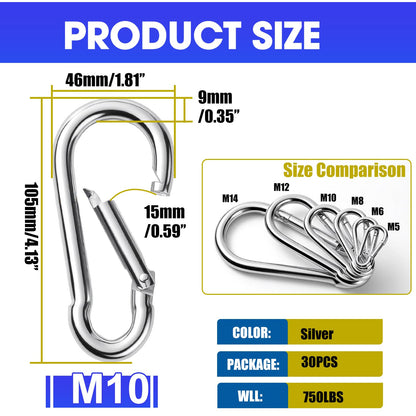 30Pack Heavy Duty Spring Snap Hooks 4Inch, 3/8” Carabiner Clips for Swing, Large Steel Chain Quick Links Safety Buckle Connector for Hammock Fitness Gym Outdoor Boating, M10 Snap Hook Carabiners