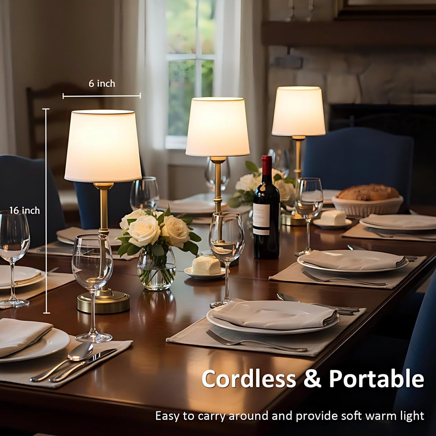 Rechargeable Cordless Table Lamp Gold: 6000mAh Battery Operated Light for Living Room, 3000K Warm Light Stepless Dimming Touch Control, Small Wireless Portable Lamp Decor for Bedside Dining Counter