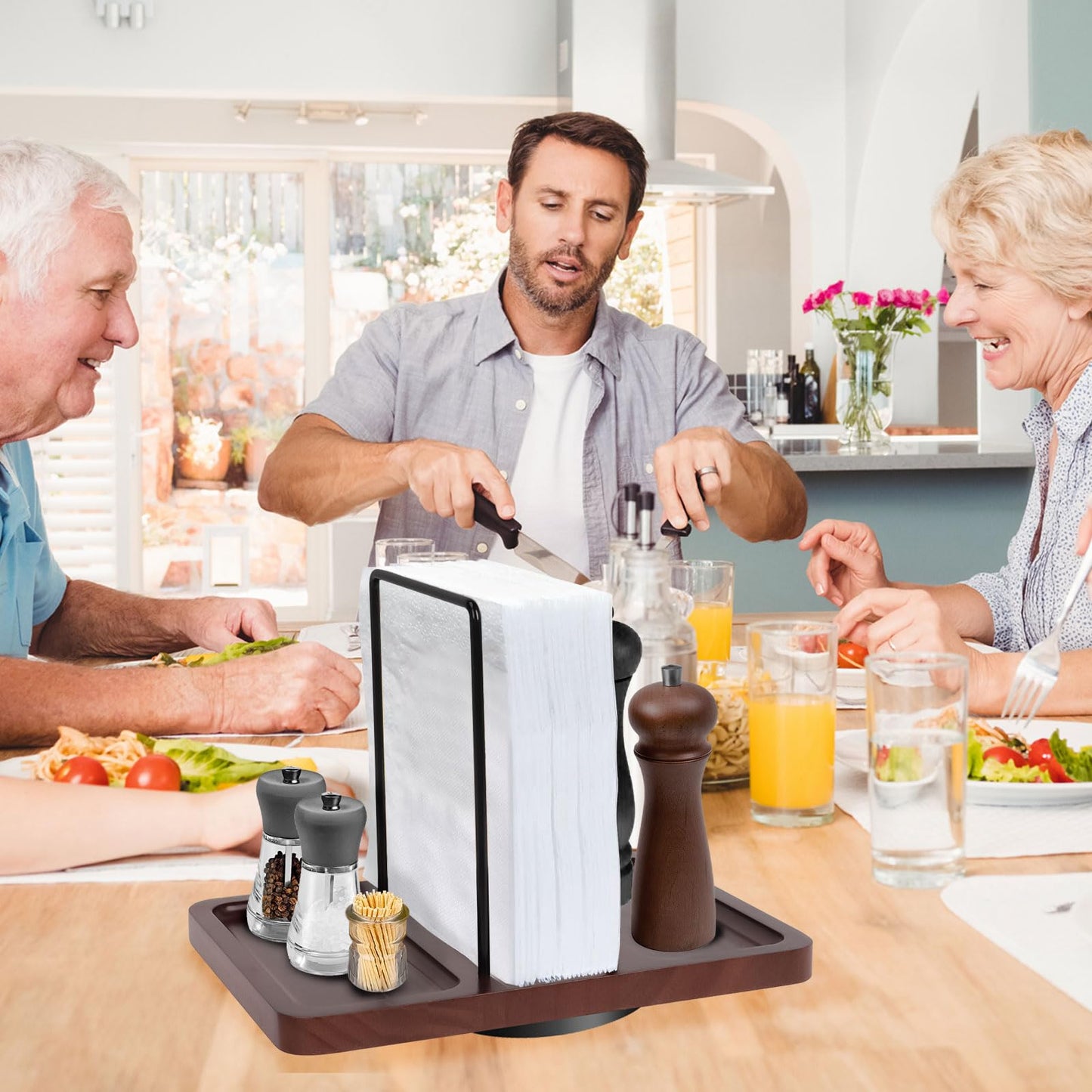 2 in 1 Napkin Holder for Table, Rotating Metal Napkin Dispenser with Salt and Pepper Shakers Caddy Standing Paper Towel Holder for Kitchen Dinner Table and Picnic Decors,Not Including Shakers