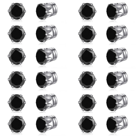 Spiritlele 12 Pairs Black Cubic Zirconia Magnetic Earrings Clip on Non Piercing Earrings Set Unisex
