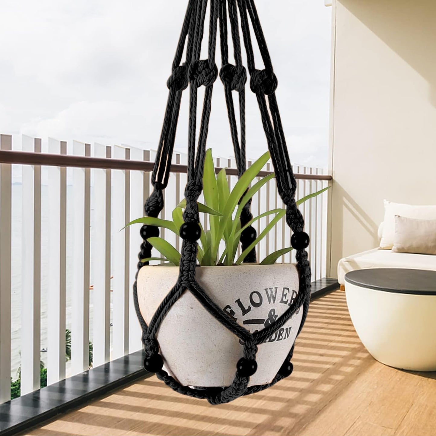 MKO SHUN 3-Pack Macrame Plant Hanger Indoor - Hanging Planter Basket for Indoor Outdoor - Decorative Boho Plant Holders Set with Beads - Ceiling Flower Pot Holder with 6 Hooks - 35"/30"/24" Black