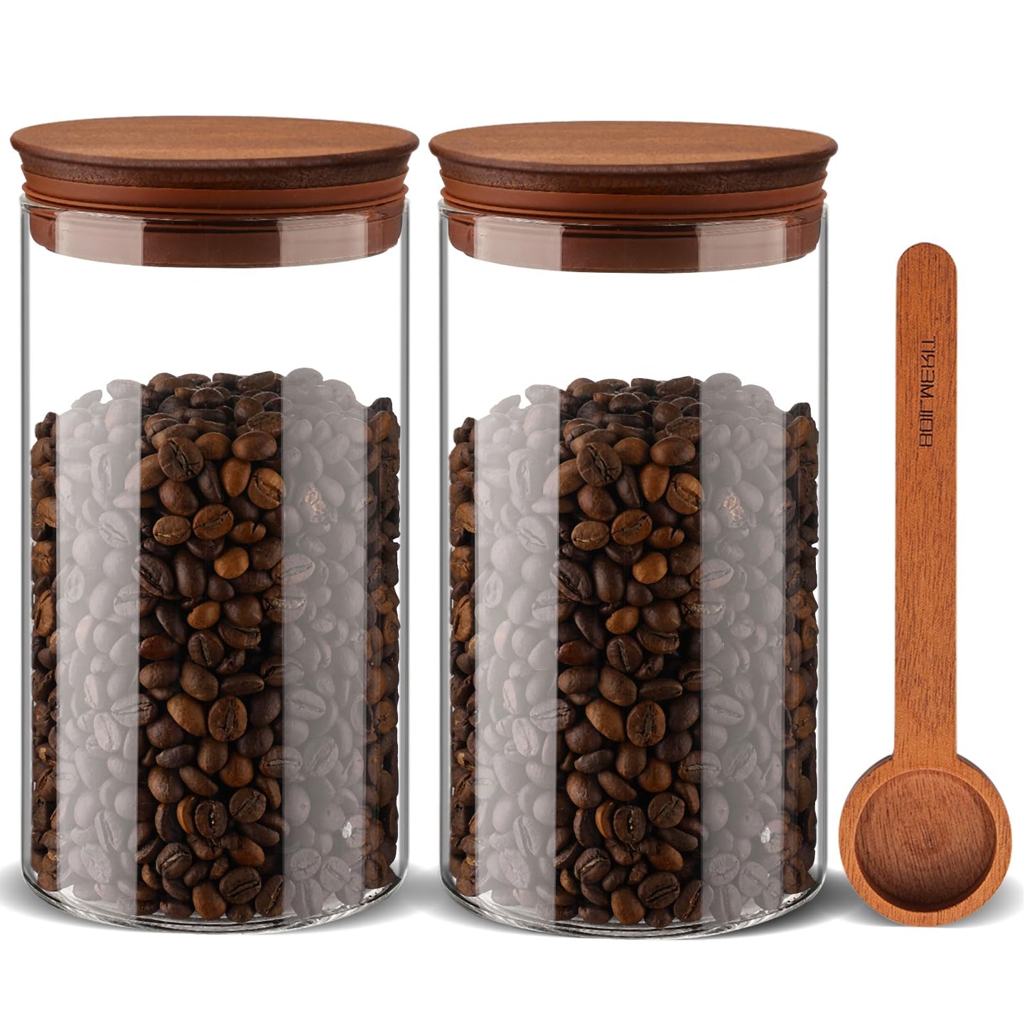 BOILMERIT 37 oz Coffee Canister with Scoop and Wooden Lids, Airtight Storage Container Sets of 2 for Ground Coffee & Beans, Glass Jars for Coffee Bar Organizer, Kitchen Countertop