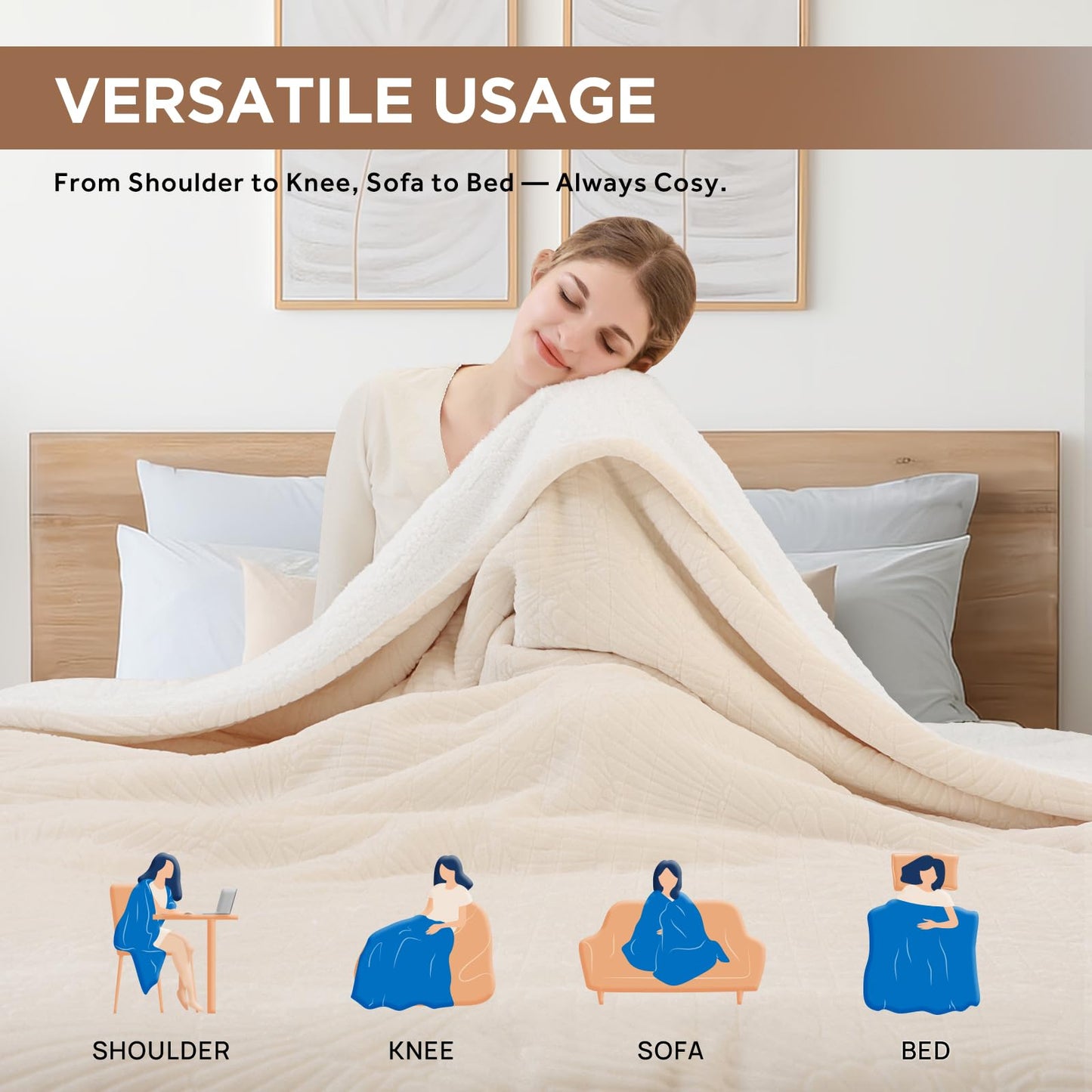 Westinghouse Heated Throw Blanket, Flower Jacquard Electric Blanket Throw with 6 Heating Levels and 2-10 Hours Auto-Off, Flannel to Sherpa Super Cozy Heated Blanket, Machine Washable (50" x 60" Beige)