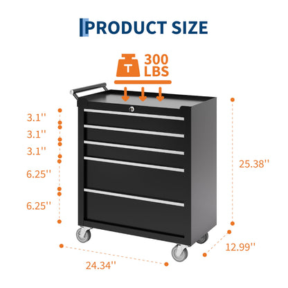 IDEALHOUSE Rolling Tool Chest, 5 Drawers Tool Storage Cabinet, Toolbox with Wheels, Portable Tool Cabinet Organizer with Locking System & Drawer Liners, Tool Storage Cart for Garage, Workshop, Black