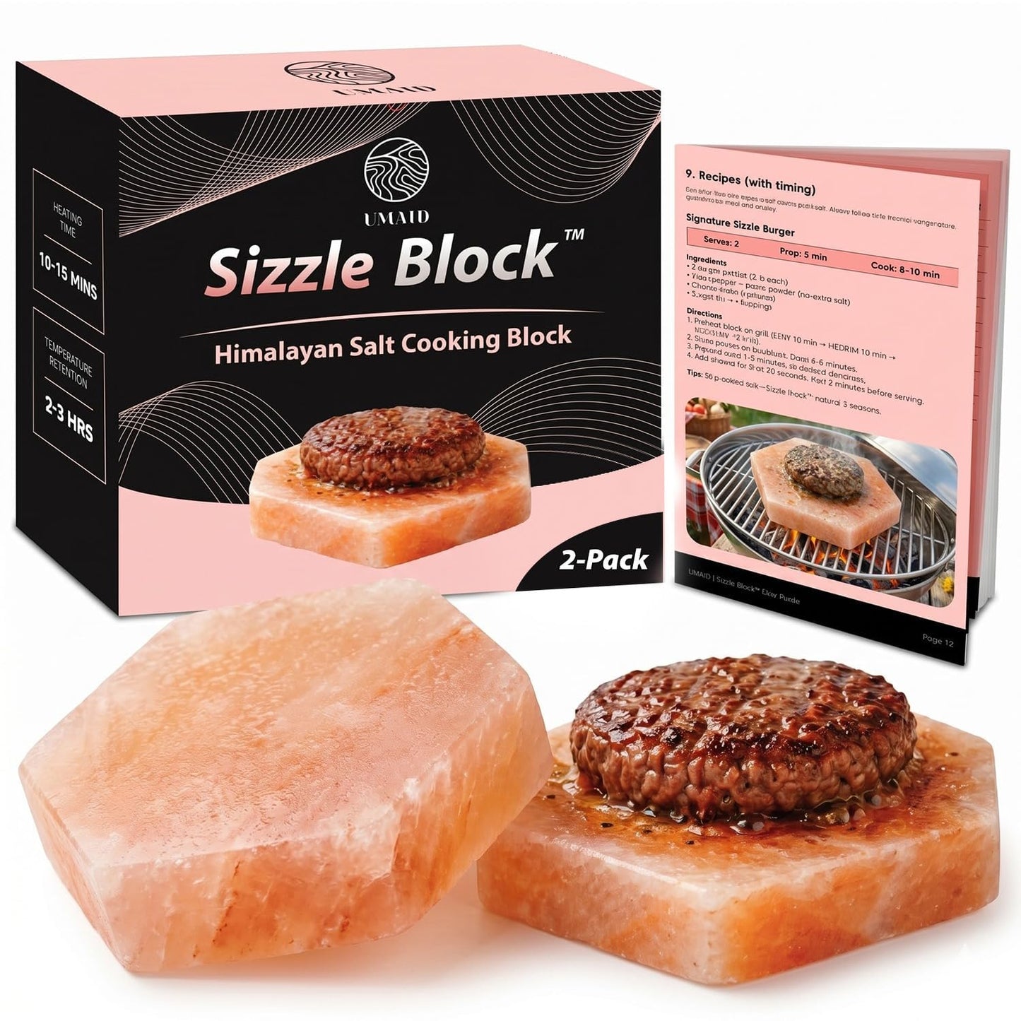 UMAID Sizzle Block™ Himalayan Salt Block 2 Pack (6" Hexagon) – Food Grade Himalayan Salt Slabs for Burgers, Steak, Seafood & Vegetables – Heat for Grilling & Cooking or Chill for Sushi, Charcuterie & Food Presentation – Unique Gifts for Men & Dad Gifts fo