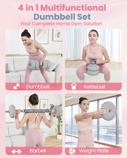 kisnbld Adjustable Dumbbell Set, 13/18/22/35LBS SoftShell Weight Set with Connector 4-IN-1 Dumbbell Set Used as to Barbell & Kettlebell for Home Gym, Fitness Exercise for Men Women Beginners, Gray