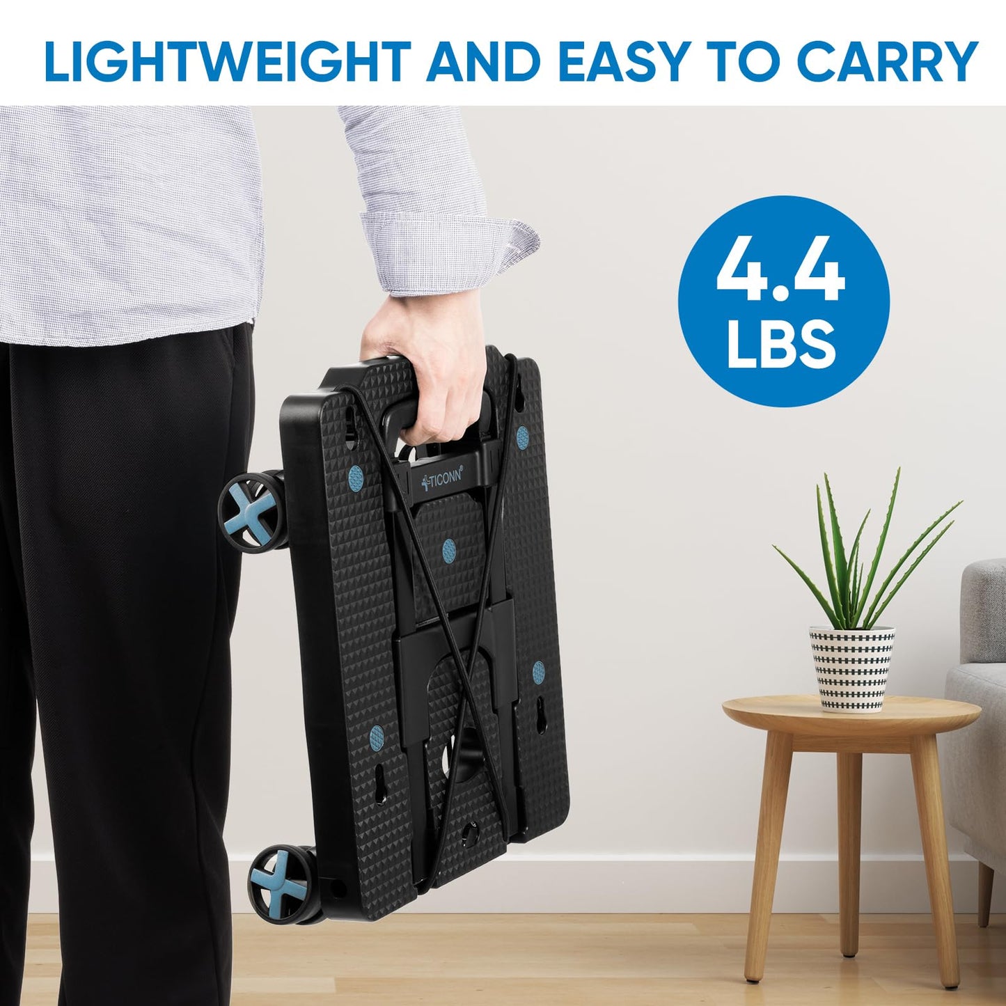 TICONN Folding Portable Dolly Cart, Black, 4-Wheel, 110 lbs Capacity, Adjustable Handle, Silent Wheels