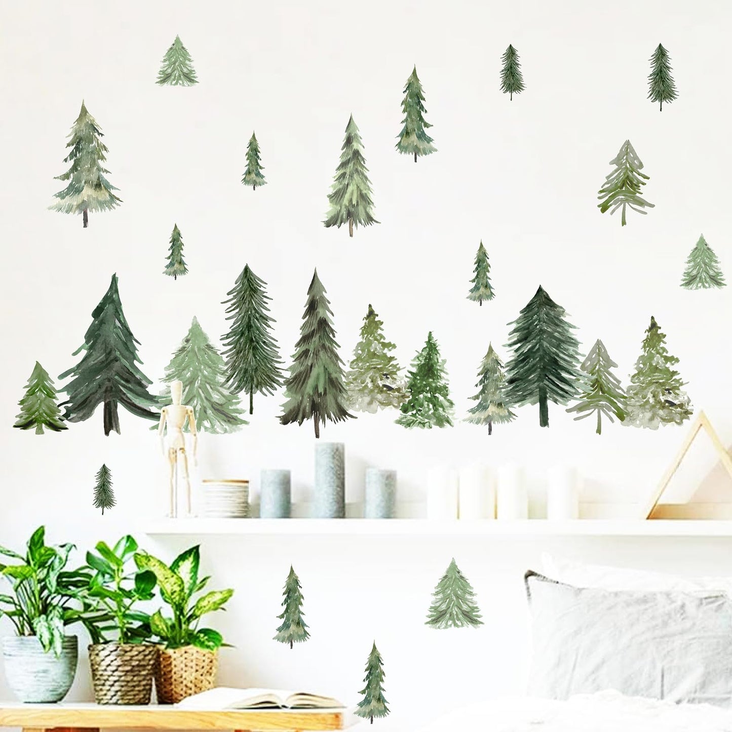 Watercolor Tree Wall Stickers Small Pine Tree Wall Decal Green Trees Wall Window Stickers Removable Forest Trees Decals Peel and Stick Small Tree Wall Decals for Bedroom Living Room Nursery