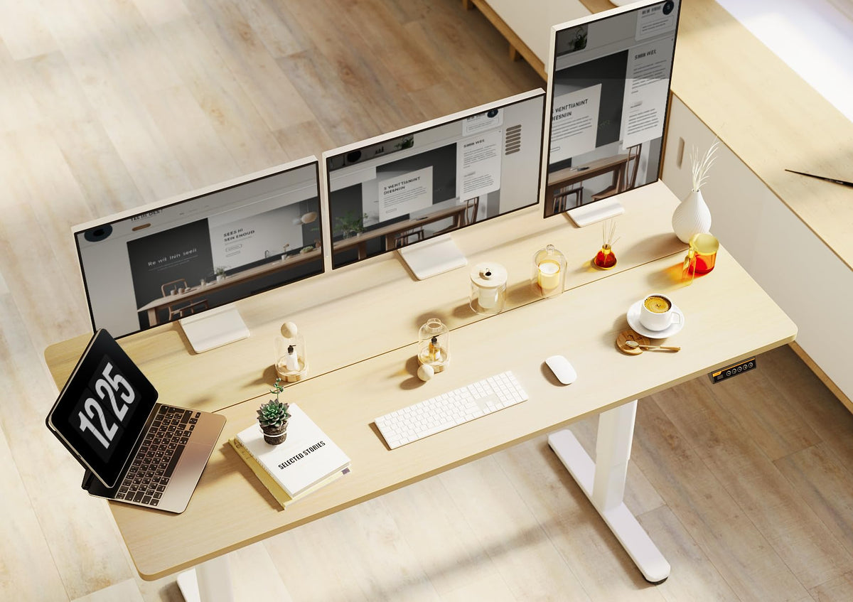 Claiks Electric Standing Desk, Adjustable Height Stand up Desk, 55x24 Inches Sit Stand Home Office Desk with Splice Board, White Frame/Nature Top