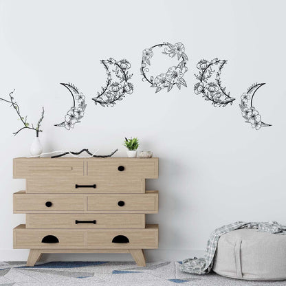 SUPERDANT Moon Phase Wall Decor Flowers Vine Wall Stickers Moon Shape Peel and Stick Art Decor DIY Vinyl Murals Window Cling Decals for Girl's Room Study Room Livingroom Bedroom Decoration