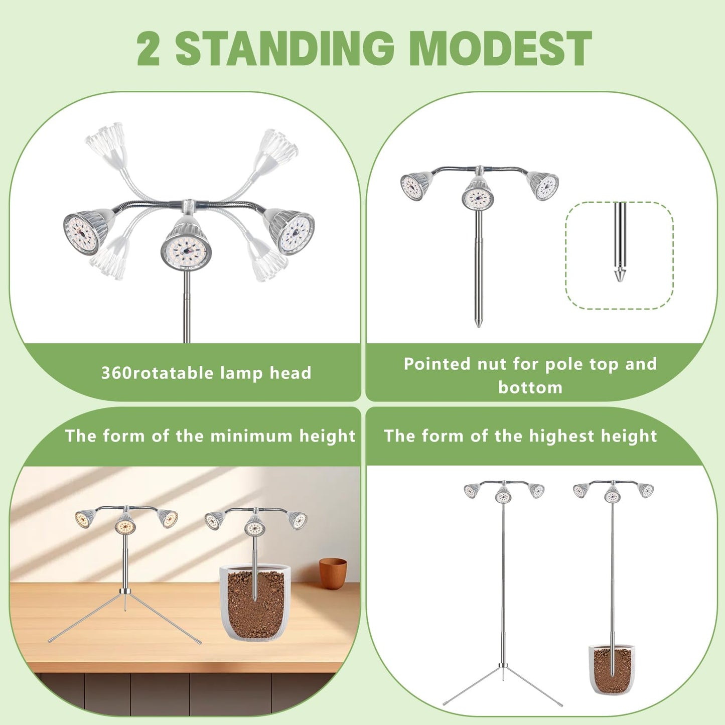 Full Spectrum Grow Lights for Indoor Plants, 3 Heads Aluminum Alloy Growing Lamps Covers More Plants, 15-62In Height Adjustable Plant Light with Detachable Tripod Stand, Auto On/Off Timer for Offices