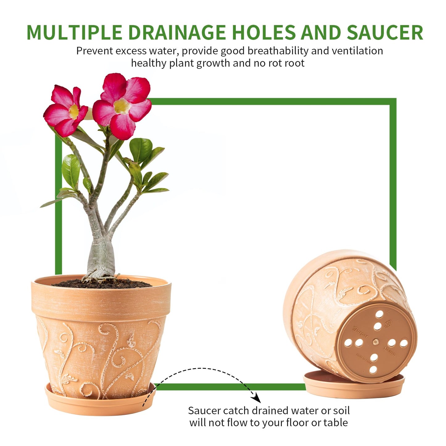Melphoe Plant Pots Indoor with Drainage & Saucer, 2Pack 7/8 inch Flower Pots Outdoor Planters for Indoor Plants Garden Home Decor Cactus Succulent, Rigid Plastic (Imitation-Terracotta) Vine-Embossed