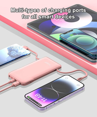 TG90° Portable Charger 10000mah Cell Phone Battery Backup, Ultra Slim Power Bank with Built in Lightning and USB-C Cable, Portable Phone Charger Battery Packs Compatible with iPhone Android Phones