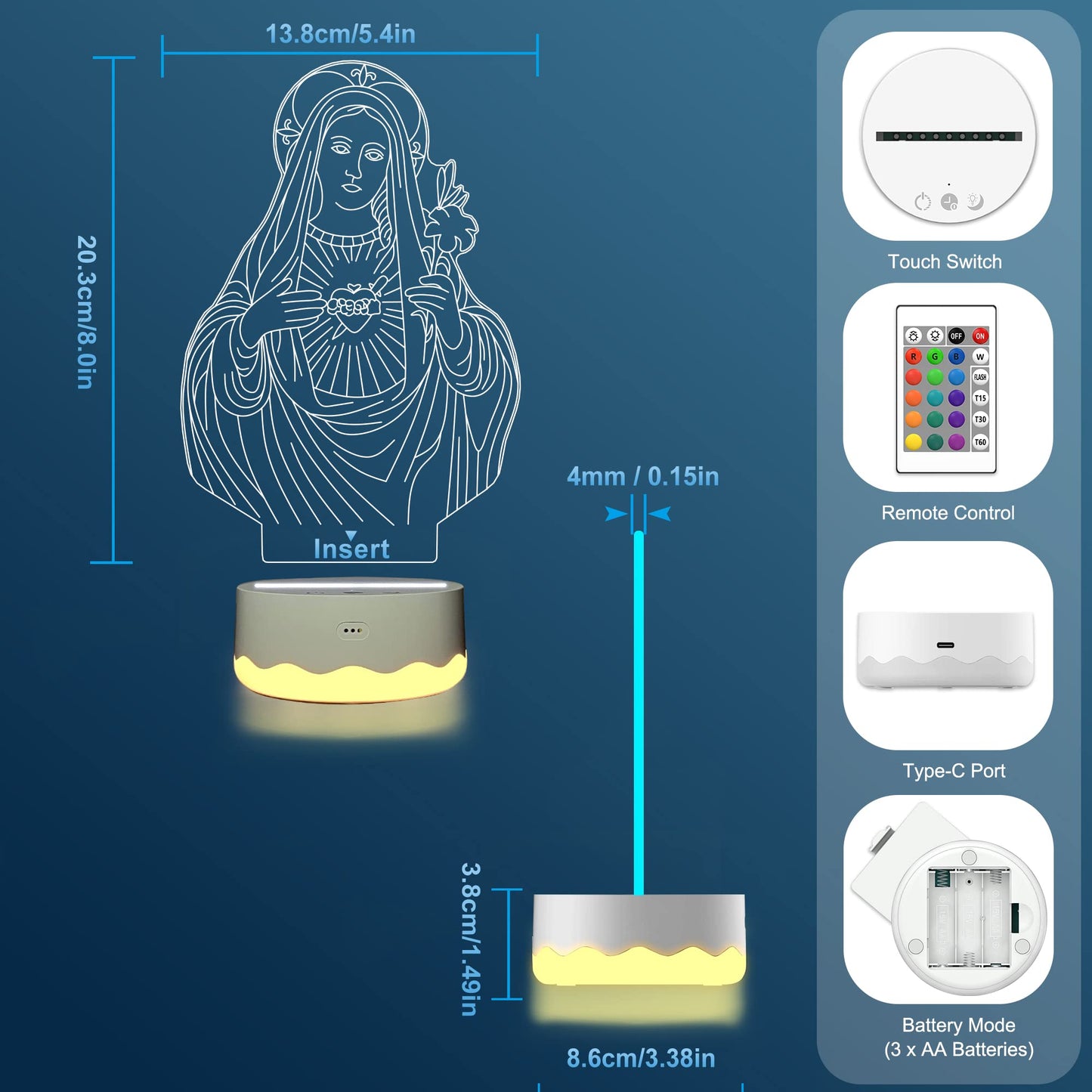 Attivolife Virgin Mary Gifts, 3D Our Lady Night Light Illusion Hologram Lamp 16 Color Changing with Remote Control + Timer LED Best Christian Birthday Gift for Religious Women Men