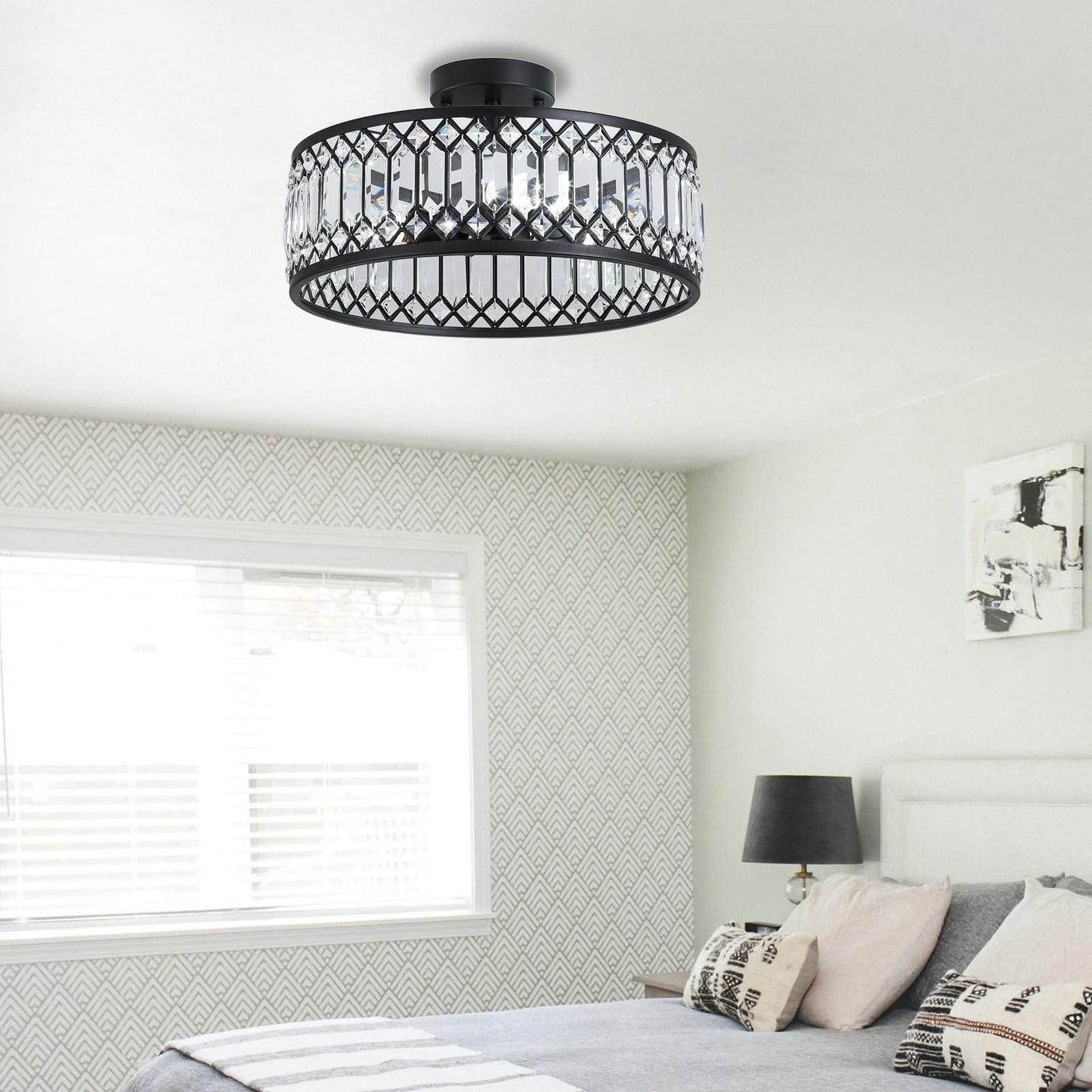 16" Black Crystal Ceiling Light, 3-Light Modern Semi Flush Mount Ceiling Light Fixture, Round Crystal Chandelier for Dining Room Bedroom Living Room Kitchen Hallway, E26 Sockets