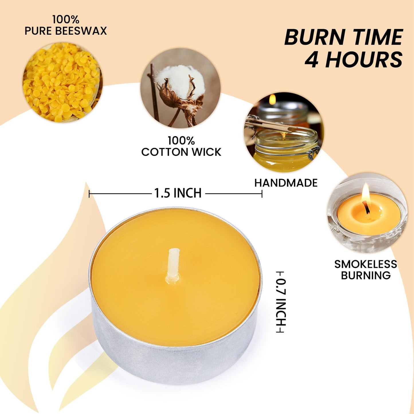 50-Pack Handmade Pure Beeswax Tealight Candles, Aluminum Cups, 4-5H Burn