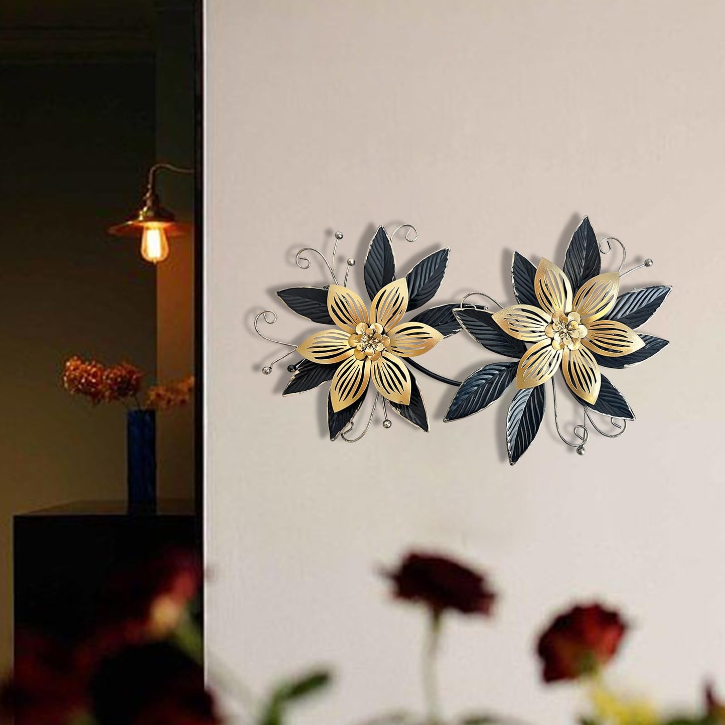 LIFFY Black Wall Decor,15" 3D Multi-layer Metal Flowers Wall Decor, Rustic Modern Floral Sculpture for Indoor Kitchen Bedroom Living Room Office Outdoor Garden Patio