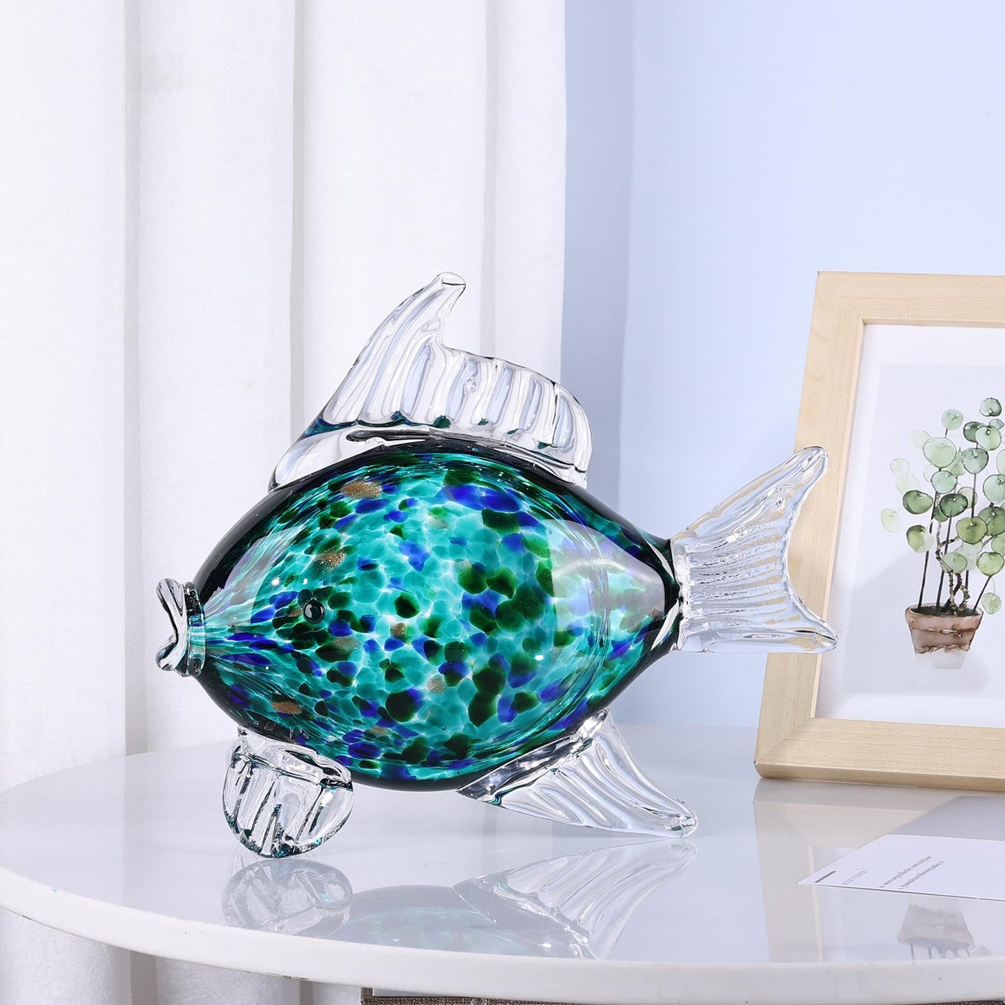 LINYTHER Large Glass Fish Figurine for Home Decor, Hand Blown Art Glass Ocean Animal Statue, Decorative Coastal and Beach Themed Sculpture for Table, Shelf, Bathroom, Living Room or Office
