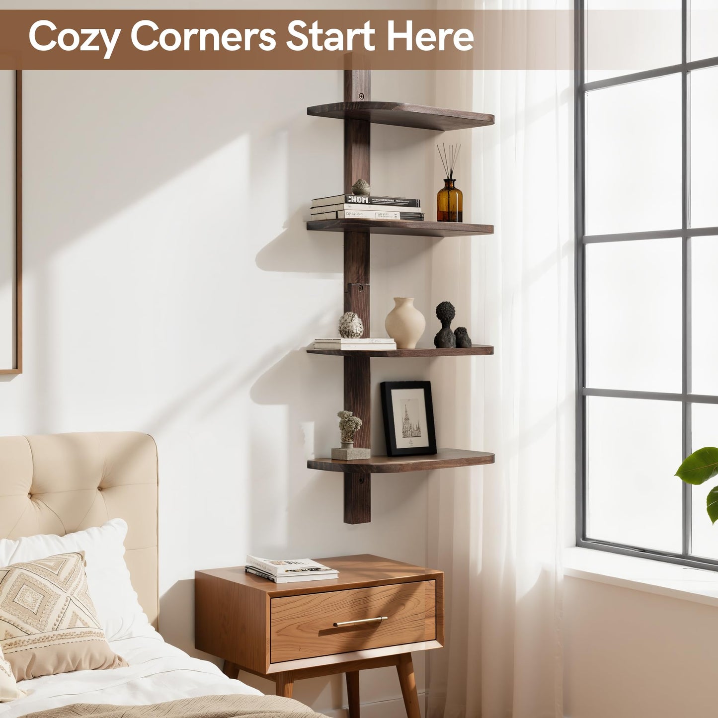 Afuly Mid Century Modern Decor Floating Shelves Walnut Display Shelf Wall Unit Solid Wood Decorative Shelving Home Decor Living Room Bedroom Coffee Bar Bathroom Plant Photo Set of 4