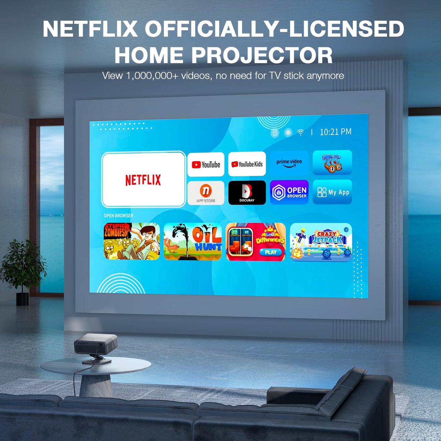 [Netflix Officially&AI Auto Focus]AuKing Smart Projector with Wifi,Bluetooth,Auto Focus&Keystone Projector 4Ksupport,3DDoIby Audio, 1200ANSI Outdoor Projector with Omnidirectional Rotating Stand Grey