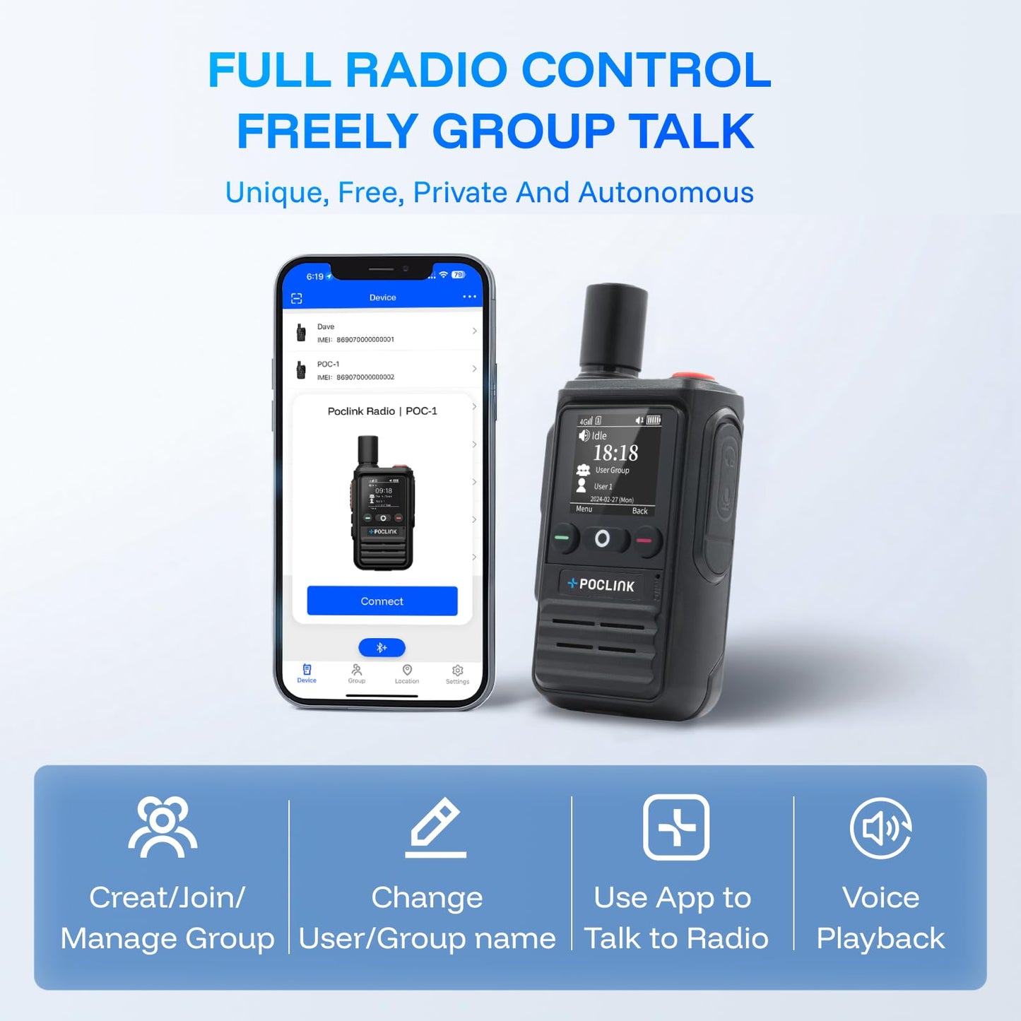Lifetime Free Global Walkie Talkies Long Range, POC-1 Lite, 4G LTE Unlimited Range POC Two-Way Radios with Bluetooth & APP, 3000mAh Rechargeable Walkie Talkies, Support User Self-Group Creation