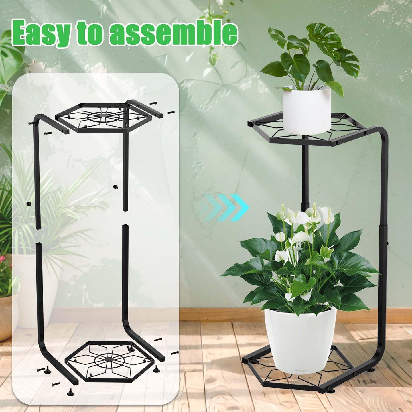 DUMING-IN Plant Stand Indoor-2 Tier Adjustable Tall Plant Stand Flower Pot Holder Metal Plant Rack Lightweight Duty Rustproof for Garden Corner Patio Lawn Balcony Office Living Room