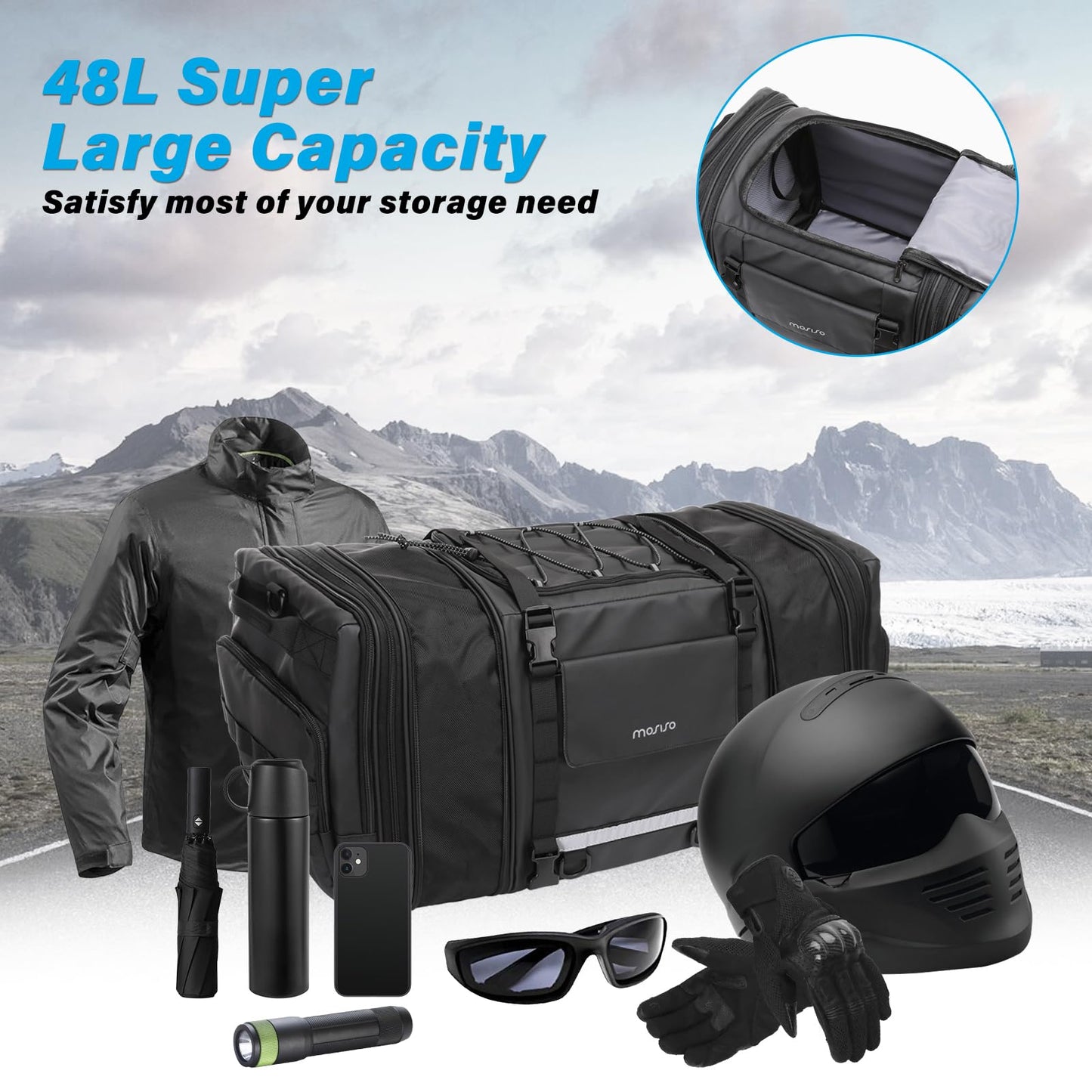 MOSISO Expandable Motorcycle Helmet Backpack Bag&Motorcycle Tail Bag with Expandable Capacity 32L-48L, Motorbike Rear Seat Trunk Gear Bag with Rain Cover&Shoulder Strap, Black