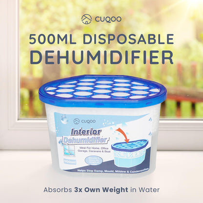 CUQOO Disposable Dehumidifier for Home 500ml, Pack of 10 Moisture Absorber Dehumidifiers for Damp, Mould, Kitchen, Wardrobe, Bedroom, Caravan, Office, Garage, Bathroom - Mini Condensation Absorbers