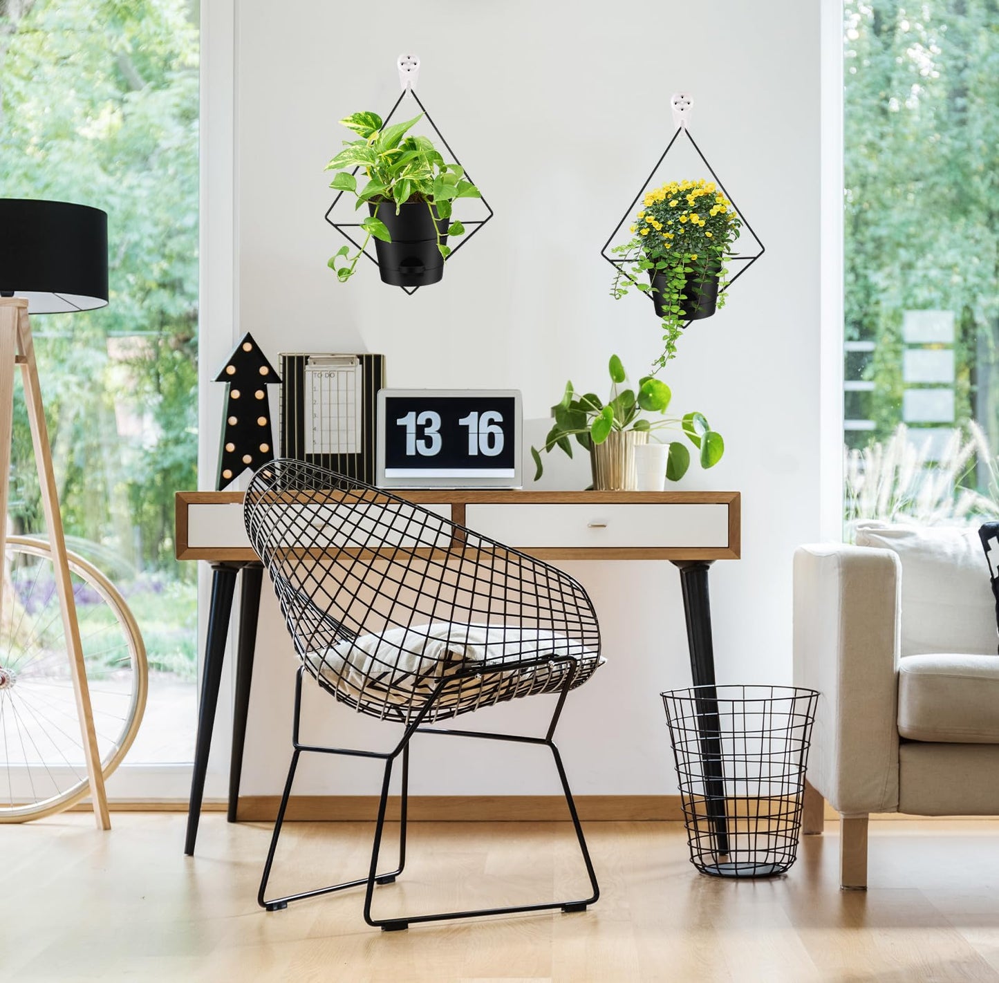 Baderke 6 Sets Wall Planters for Indoor Plants Hanging Wall Planter with Metal Holder Geometric Self Watering Wall Pots Mounted Succulent Pots, 5" Black Plant Container