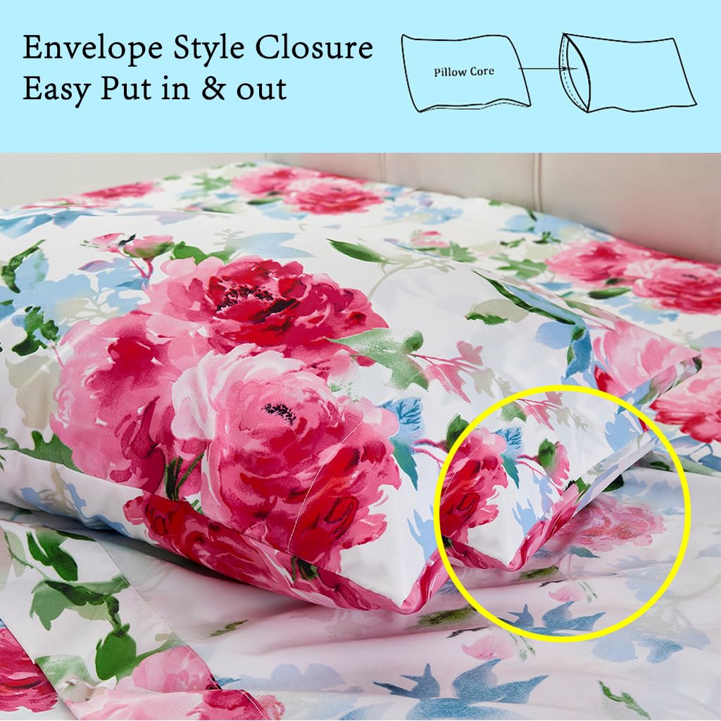 JSD Watercolor Rose Floral Sheet Set Queen Size, 4 Piece Soft Printed Microfiber Sheets Extra Deep Pocket