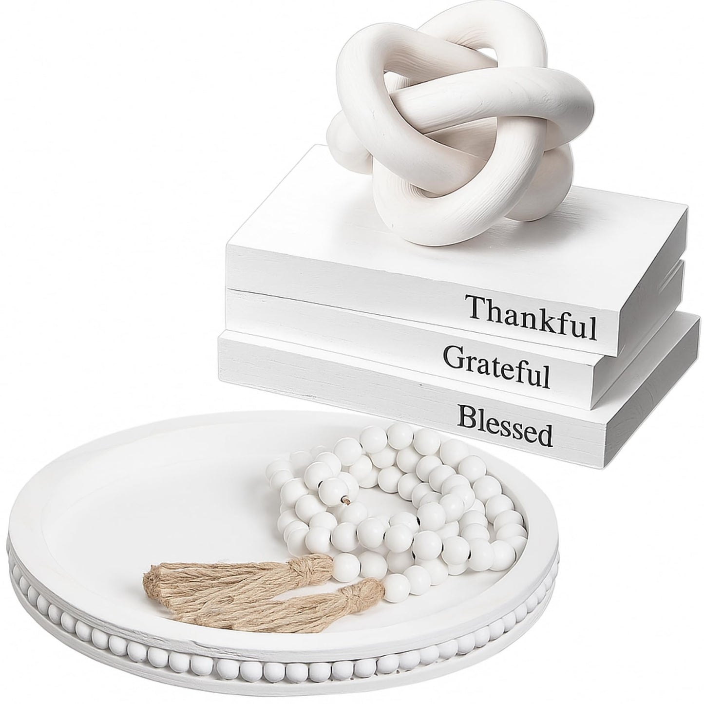 GlikCeil 6 Pcs Rustic Wooden Coffee Table Tray Decoration Set, Round Beaded Tray Wood Chain Bead Garland with Tassels and 3 Decorative Books for Farmhouse Living Room Home Decor(Thankful,White)