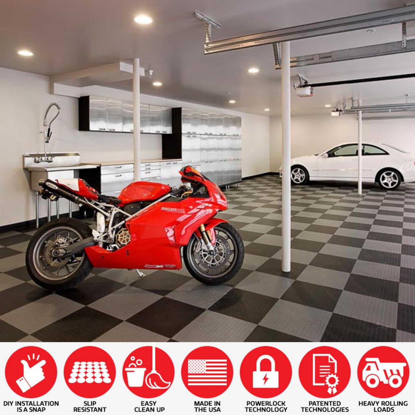 Big Floors GarageDeck Garage Floor Tiles, Interlocking Garage Flooring, Coin Pattern Non-Slip Heavy-Duty Copolymer Modular Tile (White, 48 Pack of 12 x 12" Tiles, 48 Sq Ft)