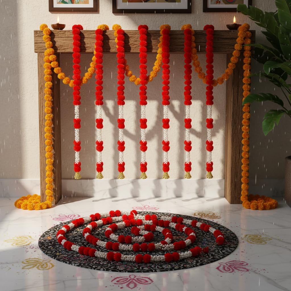 Rajasthan Kraft Pack of 5, Artificial Red Marigold Garland with Jasmine & Bell, 55 Inch Decorative Flower Strings for Home, Diwali, Pooja, Housewarming, Festival & Christmas Decor