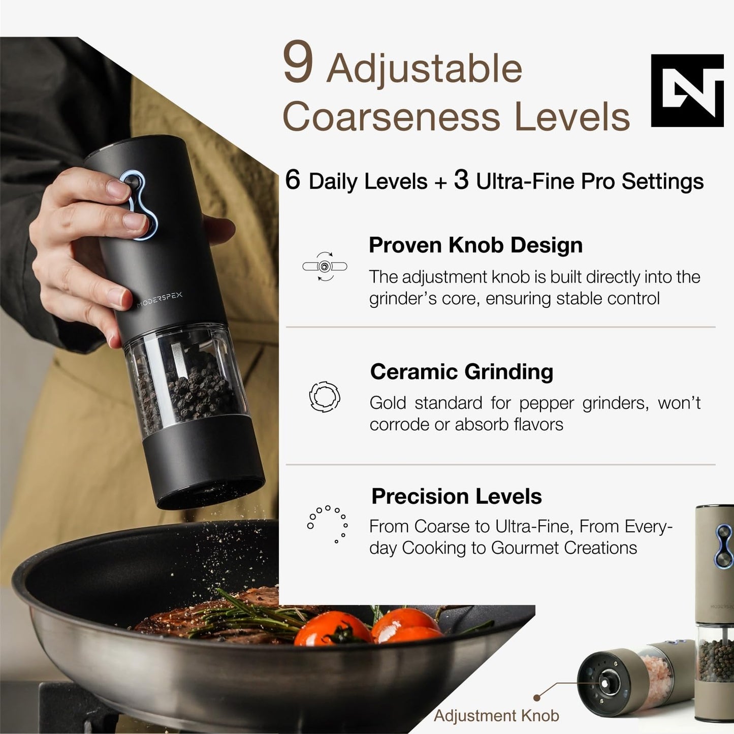 Electric Salt and Pepper Grinder Set USB-C Rechargeable, Dual-Speed Automatic Salt and Pepper Mills with 9 Adjustable Coarseness, Ceramic Burr, LED Light, Refillable, (Taupe Brown）