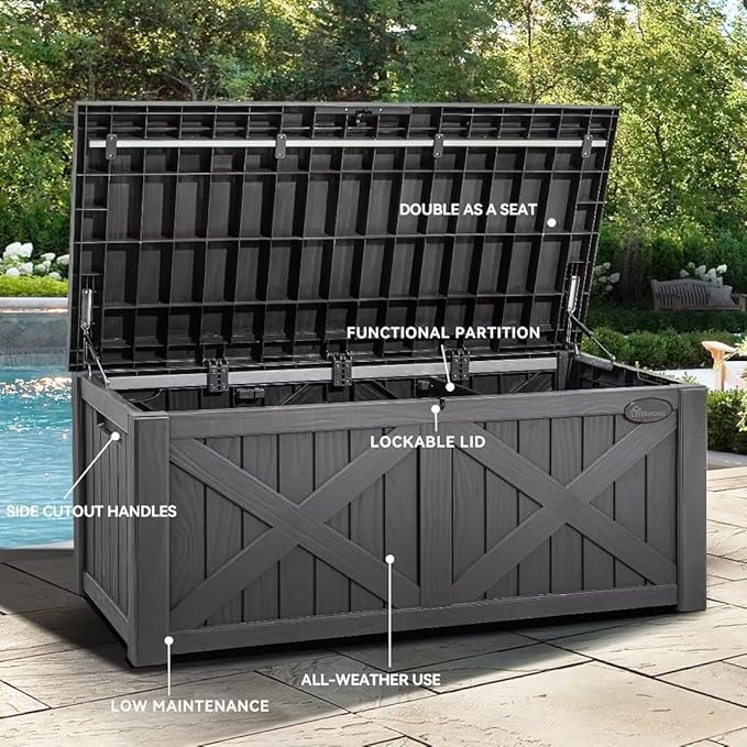 YITAHOME 150 Gallon Large Deck Box with X-Shaped Front, Resin Outdoor Storage Boxes, Waterproof Cushion Storage Bench for Patio, Pool Supplies, Garden Tools - Lockable, Dark Gray
