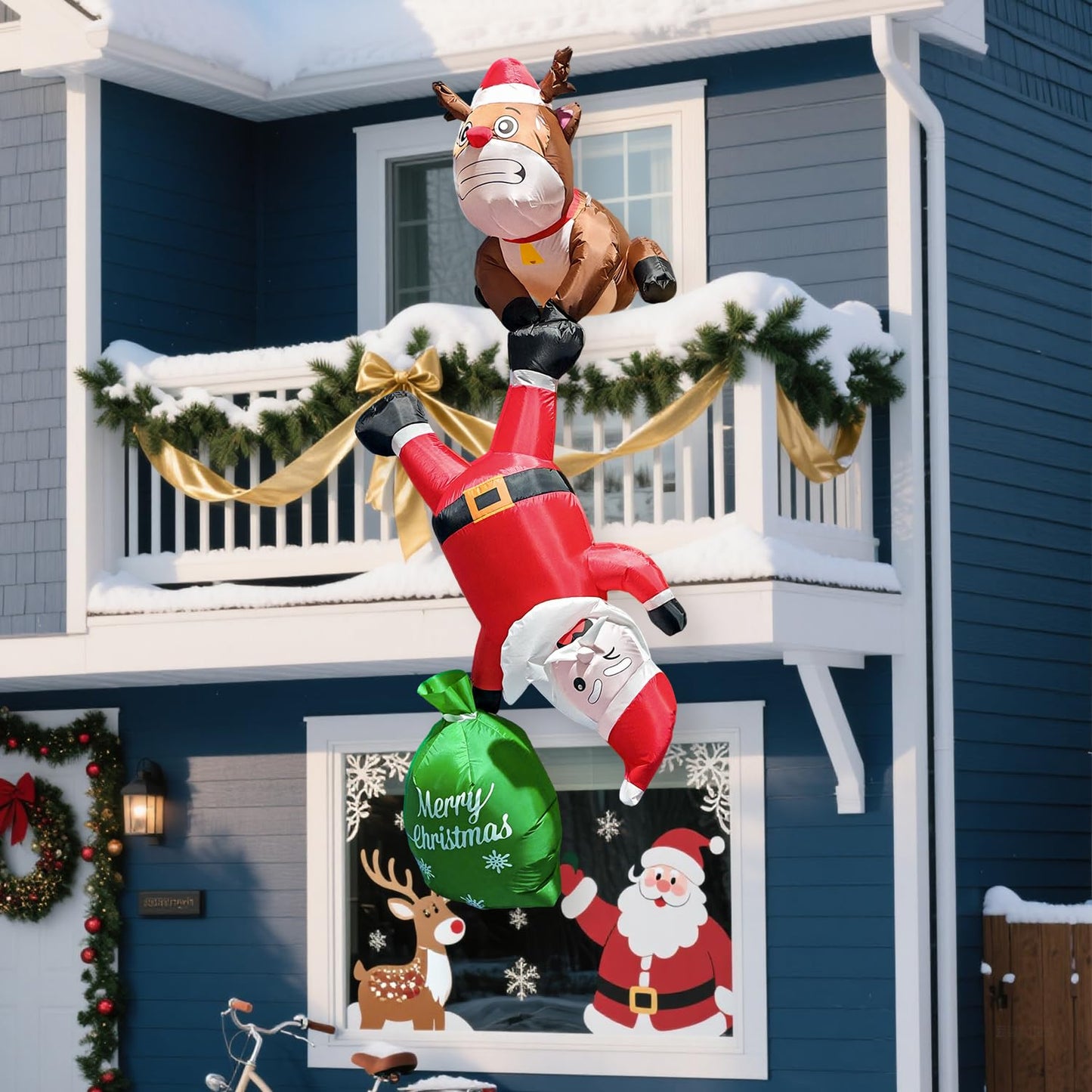 8FT Hanging Christmas Inflatable Outdoor Decoration,Christmas Inflatables Reindeer Pulling Climbing Santa and Falling Gift Box Bags with Build-in LED Lights for Holiday Party Roof Balcony Window
