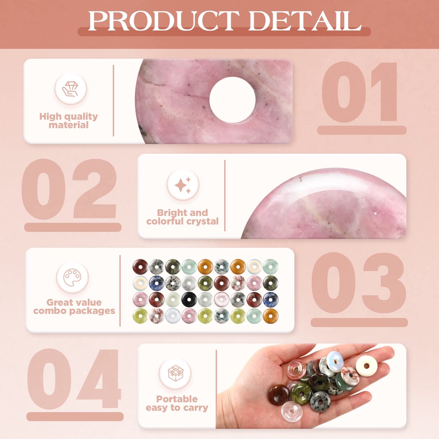 Nuenen 32 Pcs Stone Beads 0.79 x 0.2 Inch Rondelle Donut Beads with Hole Worry Stones Bulk Lucky Crystal Disc Pendants Quartz Amulet Gemstone for Witchcraft Supplies DIY Necklace Jewelry Making