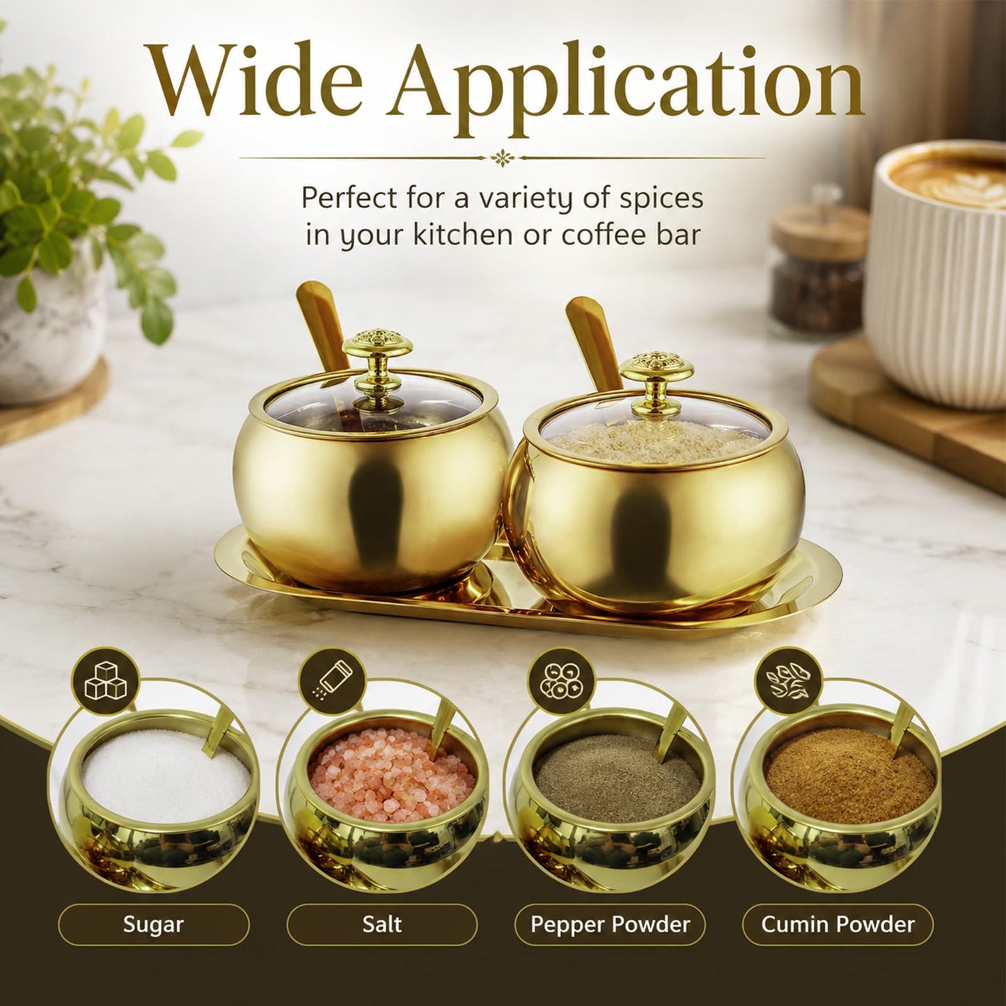 Toyosport 2 Pcs Stainless Steel Seasoning Jars with Tray, Spherical Sugar Container with Spoon & Clearn Lid for Salt, Pepper, 3.15 in Mouth, 3.54 in High, Coffee Bar Accessories, Gold