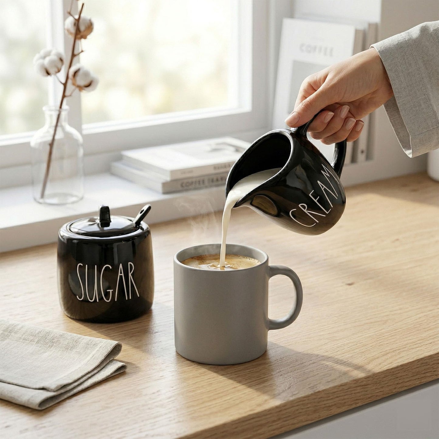 Sugar and Creamer Set, Cream Container and Sugar Holder Set for Coffee Bar, Farmhouse Sugar Bowl with Lid and Spoon, Ceramic Sugar Dispenser and Creamer Pitcher Set for Countertop (Black)